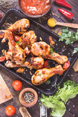 Spicy chicken drumsticks top view