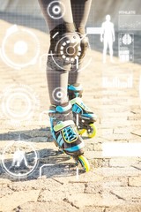 Composite image of close up view of woman wearing inline skates