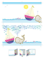 Happy boy and whale. Four pages square boy baptism invitation layout, both sides printable at size 30cm X 15cm. Cropping marks on document also.