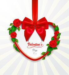 Happy Valentine's Day greeting card with red heart and roses.