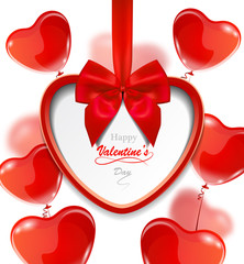 Happy Valentine's Day greeting card, red heart with red ribbon and balloons.