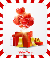 Happy Valentine's Day greeting card with heart balloons and gift boxes.