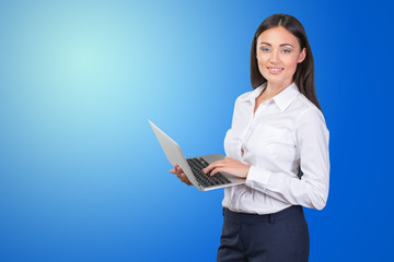 Brunette woman hug laptop computer, she love her work