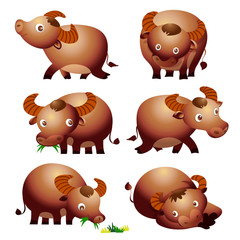 cute buffalo cartoon vectoe many actions