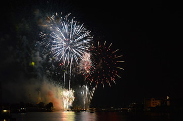 firework on new year countdown at temple of dawn in Thailand