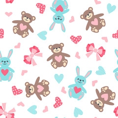 Plakat Cute seamless pattern with bear, hare, bow and heart