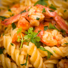 Fusilli ai gamberi e pomodoro, pasta with shrimps and tomato sauce