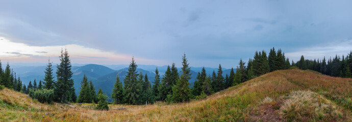 Panorama Mountain Synevir in Carpathian Mountains. Sunset in Ukraine.