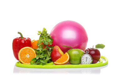 fitness equipment and healthy food isolated on white 
