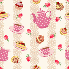 Vector repeating pattern from the kettle, cups, cake, cupcakes and flowers. - 99238526