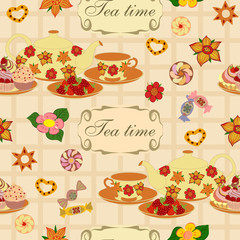 Seamless vector pattern with teapot, cups, strawberries and cake.