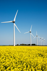 Wind turbine in a yellow flower field of rapeseed, renewable energy, ecological electrity