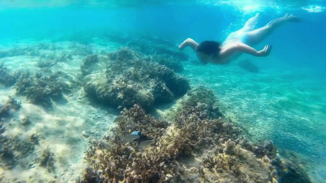 Young woman dives in beautiful blue sea in slow motion, Slow Motion Video clip