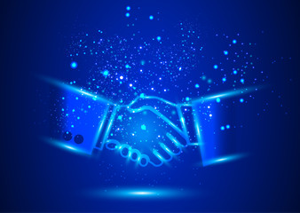 Teamwork shaking hands design concept - new ideas products and masterpieces are born in collaboration and cooperative work that symbolized by shining light produced by two shaking hands.