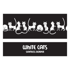 Vector seamless border with cartoon white cats on  black background.