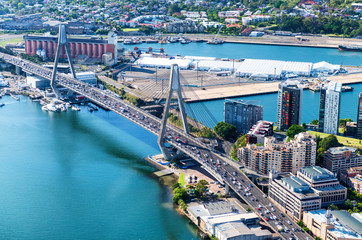 Beautiful aerial view of Anzac Bridge and Sydney skyline from he