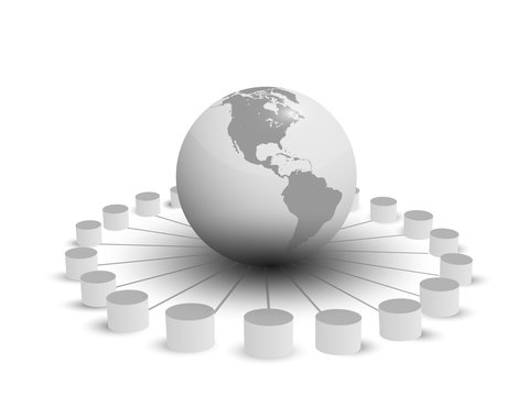 Vector illustration of database integration, different databases connecting globally, Extract Transform and load, ETL