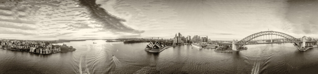 Black and white aerial view of Sydney. 360 degrees panoramic