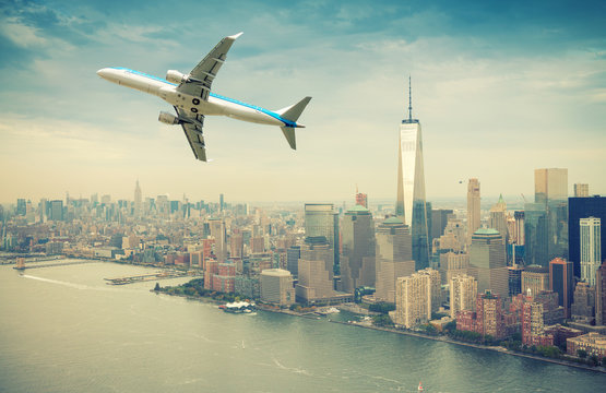 Airplane After Take Off With New York Skyline. Travel Concept