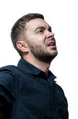 Obraz premium Closeup portrait of a groggy upset worried sad, depressed, tired business man isolated on white background
