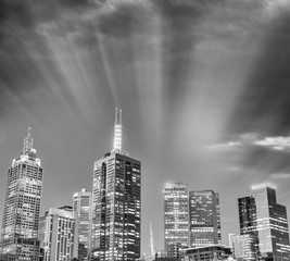 Black and white sunset view of Melbourne skyline