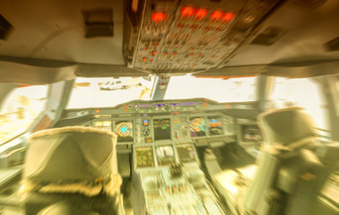 Blurred view of airplane Instruments primary flight display. Mov