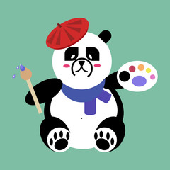 Naklejka premium Panda Bear artist with brush and palette of paints. flat vector icon