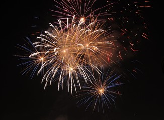 several explosions of blue and yellow fireworks