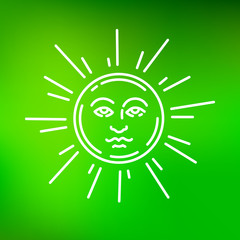 Sun face icon. Sun face sign. Sun face symbol. Thin line icon on green background. Vector illustration.