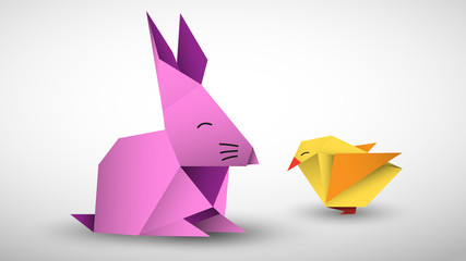 królik i pisklę origami wektor - obrazy, fototapety, plakaty