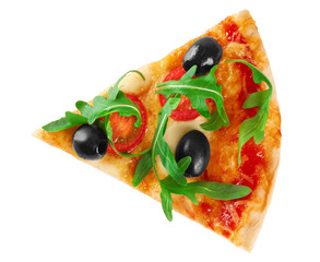 Piece of pizza with mozzarella and arugula. Vegetarian pizza.