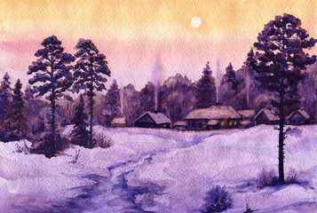 Winter view of the old village on forest edge.