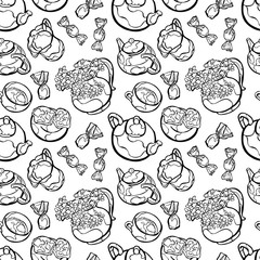 Kettle. Teapot. Cup of tea. Tea with lemon and lemon juice. Cupcakes and candy. Vase with Flowers. Vector seamless pattern (background).