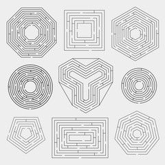 Vector set of nine variety labyrinths. Isolated on white background, eps 8.