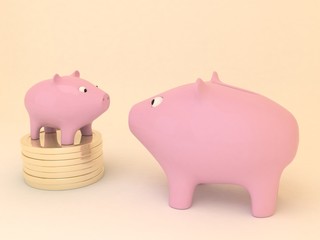 Big and small piggy banks. Small piggy bank stay at stack of golden coins.