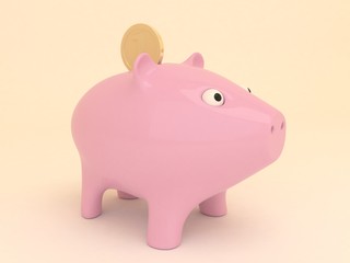 Cute pink piggy bank with golden coin
