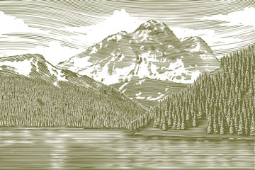 Woodcut-style illustration of a mountain lake landscape.