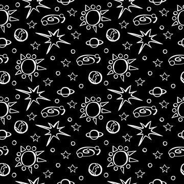 Space: star and planet. Doodle. Hand drawn. Vector seamless pattern (background).