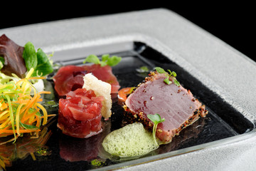 Tuna sashimi, tuna tartare and Wasabi sauce. Haute cuisine