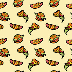 Fast food. Hamburger, hot dog, pizza. Vector seamless pattern (background).