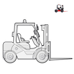 Black and white wire fork lift loader works in storage on white – Black and white construction tools flatten illustration master vector icon equipment element Truck Crane Extravator