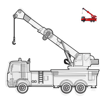 Black and white wire big crane with hook and arm on white &ndash; Black and white construction tools flatten illustration master vector icon equipment element Truck