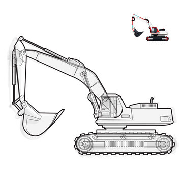 Black and white wire big digger builds roads. Digging of coal, waste rock and gravel on white. Black and white construction flatten illustration master vector icon equipment element Truck Extravator