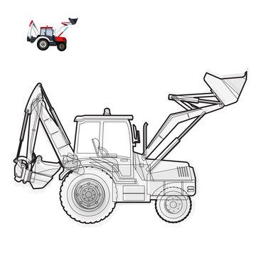 Black and white wire big digger builds roads. Digging of coal, waste rock and gravel on white. Black and white construction flatten illustration master vector icon equipment element Truck Extravator