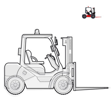 Black and white wire fork lift loader works in storage on white – Black and white construction tools flatten illustration master vector icon equipment element Truck Crane Extravator
