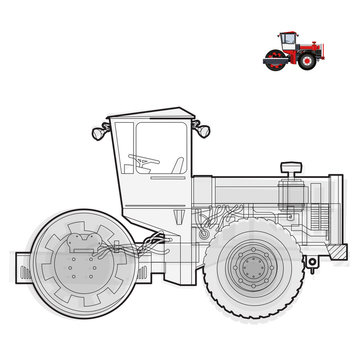 Black and white wire big roller builds roads. Big steamroller roadroller sand waste rock and gravel on white. construction flatten illustration master vector icon equipment element Truck Extravator