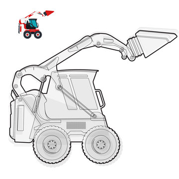 Black and white wire small digger builds roads, loads building material. Bagger digging of coal waste rock on white. construction flatten illustration master vector icon equipment element Extravator
