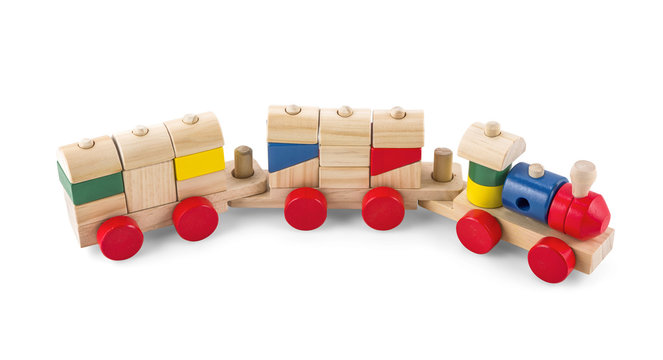 Wooden toy train with colorful blocs isolated over white with cl