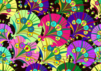 Decorative pattern from dandelions,on a dark brown background with abstract  flowers