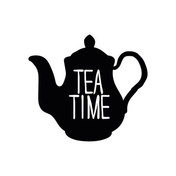 Teapot. Tea time. Black pattern on white background.